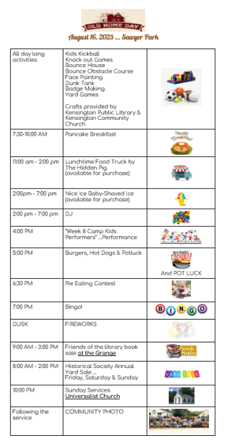 Old Home Day Schedule of Events beginning 7:30am to 10 am with a pancake breakfast and varied activities all day at Sawyer Park