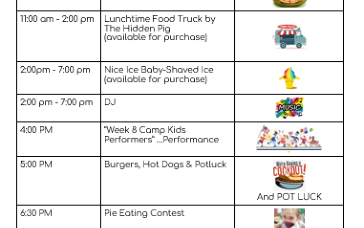 Old Home Day Schedule of Events beginning 7:30am to 10 am with a pancake breakfast and varied activities all day at Sawyer Park
